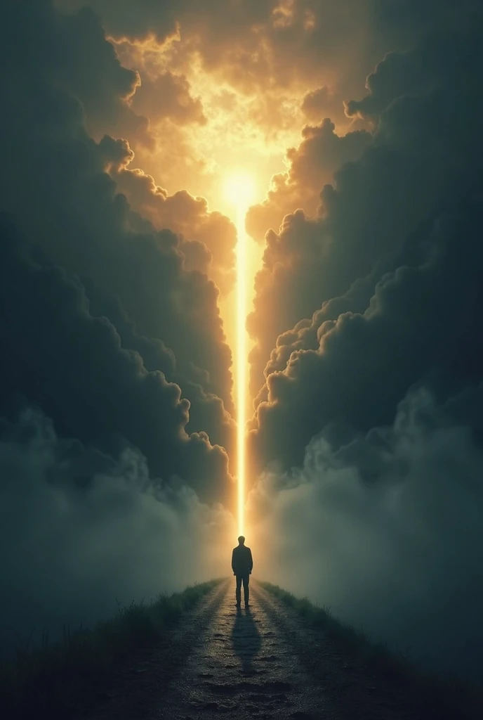 Pathway to Divine Light – The Authority of Christ Man walking on a narrow path toward a blazing light breaking through dark storm clouds, symbolizing the power of Christ’s authority and divine truth.