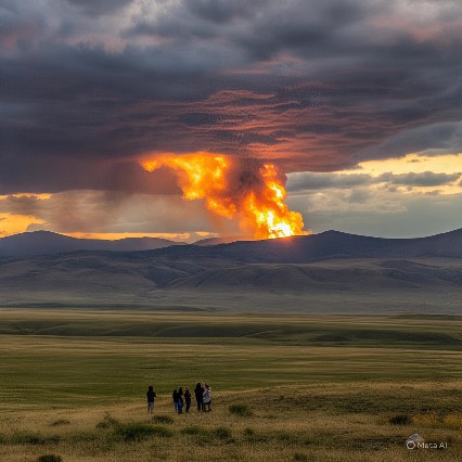 Fiery explosion breaking through storm clouds over distant mountains, with people watching from the plains—symbolizing God's holy fire confronting giants.