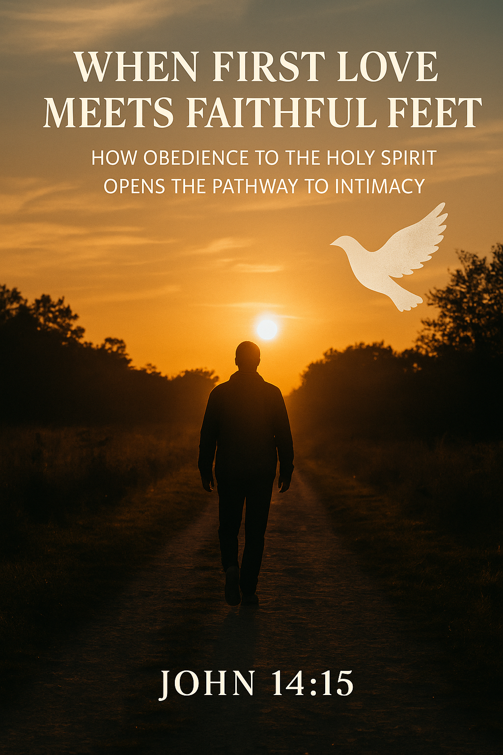 When First Love Meets Faithful Feet — Obedience to the Holy Spirit Opens the Pathway to Intimacy A man walks alone on a narrow dirt path toward a glowing golden sunset, symbolizing the journey of obedience and intimacy with the Holy Spirit. A white dove soars above him, representing the Spirit’s presence, with text quoting John 14:15 (NKJV): “If you love Me, keep My commandments.”