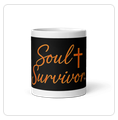 Soul Survivor Christian mug with black background and orange script design featuring a cross.